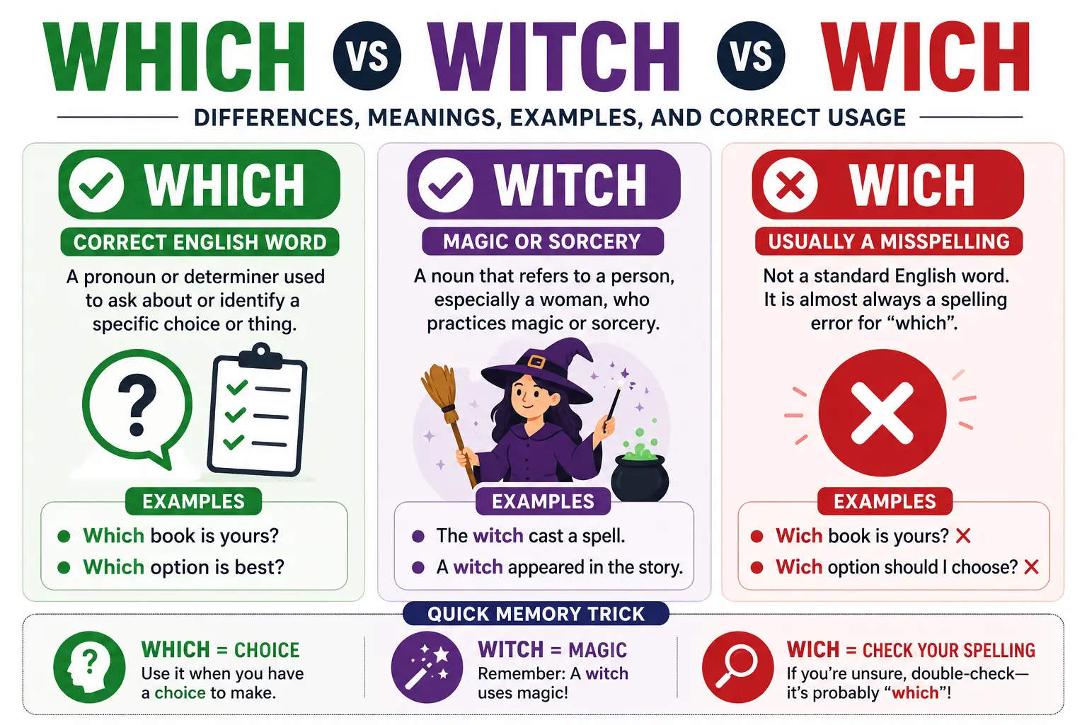 Which vs Witch vs Wich: Differences, Meanings, Examples, and Correct Usage