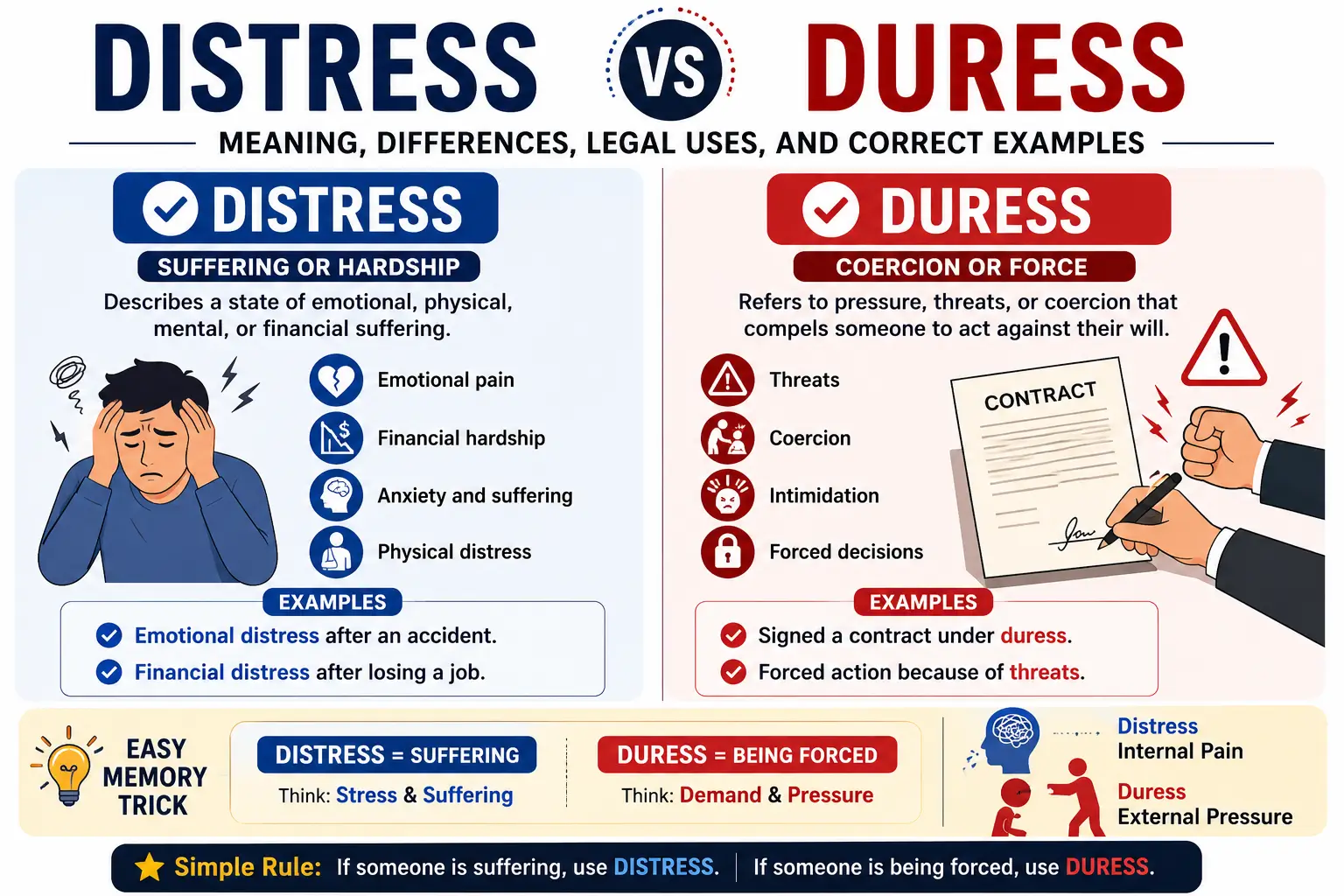 Distress vs Duress: Meaning, Differences, Legal Uses, and Correct Examples