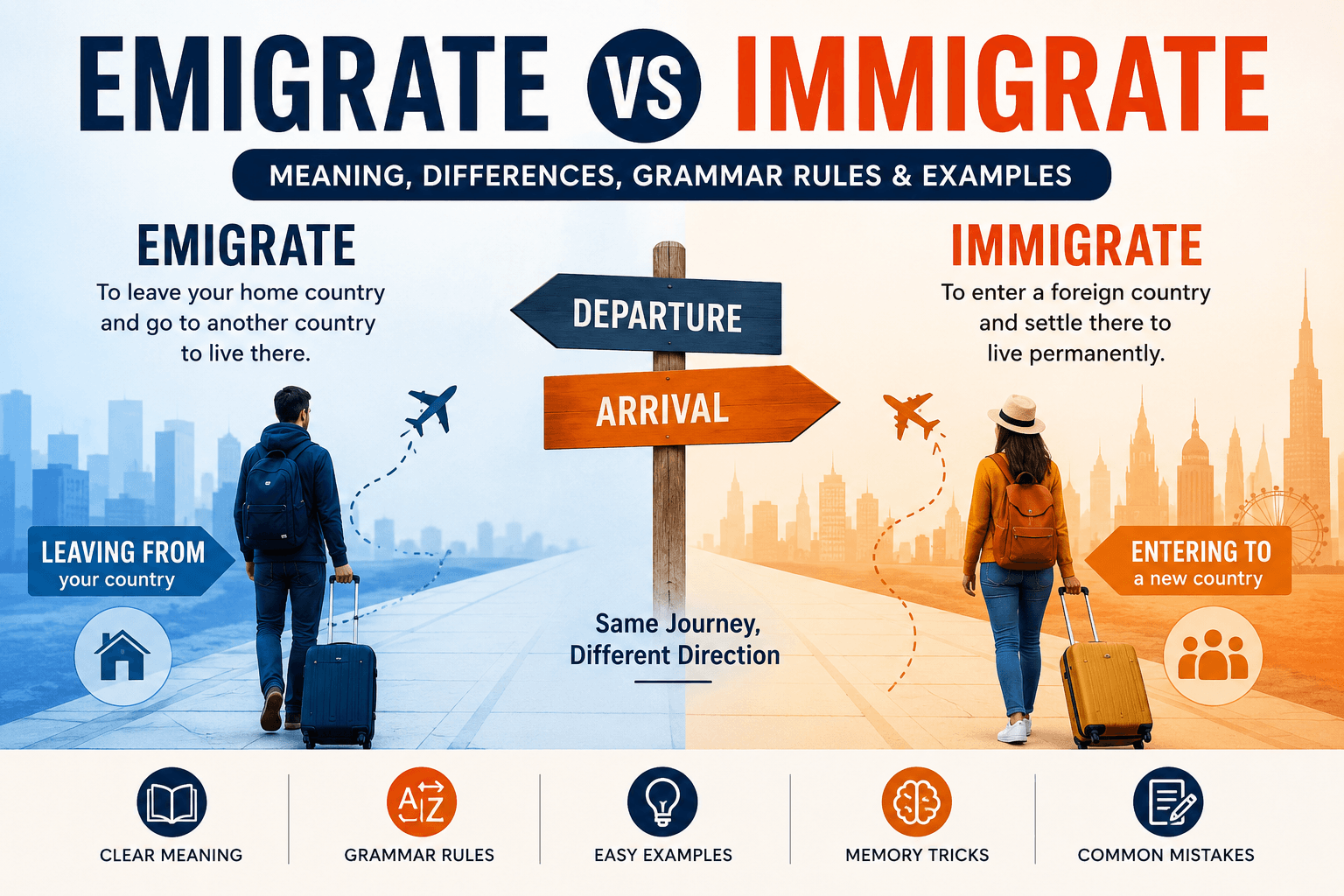 Emigrate vs Immigrate explained with examples and grammar rules