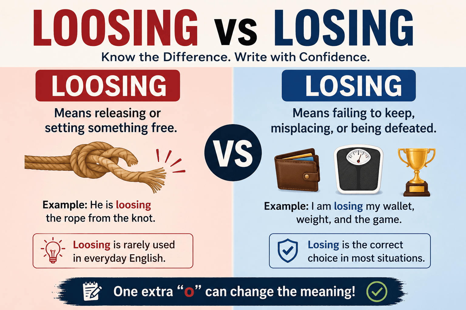Loosing vs Losing: Meaning, Differences, Grammar Rules, and Examples