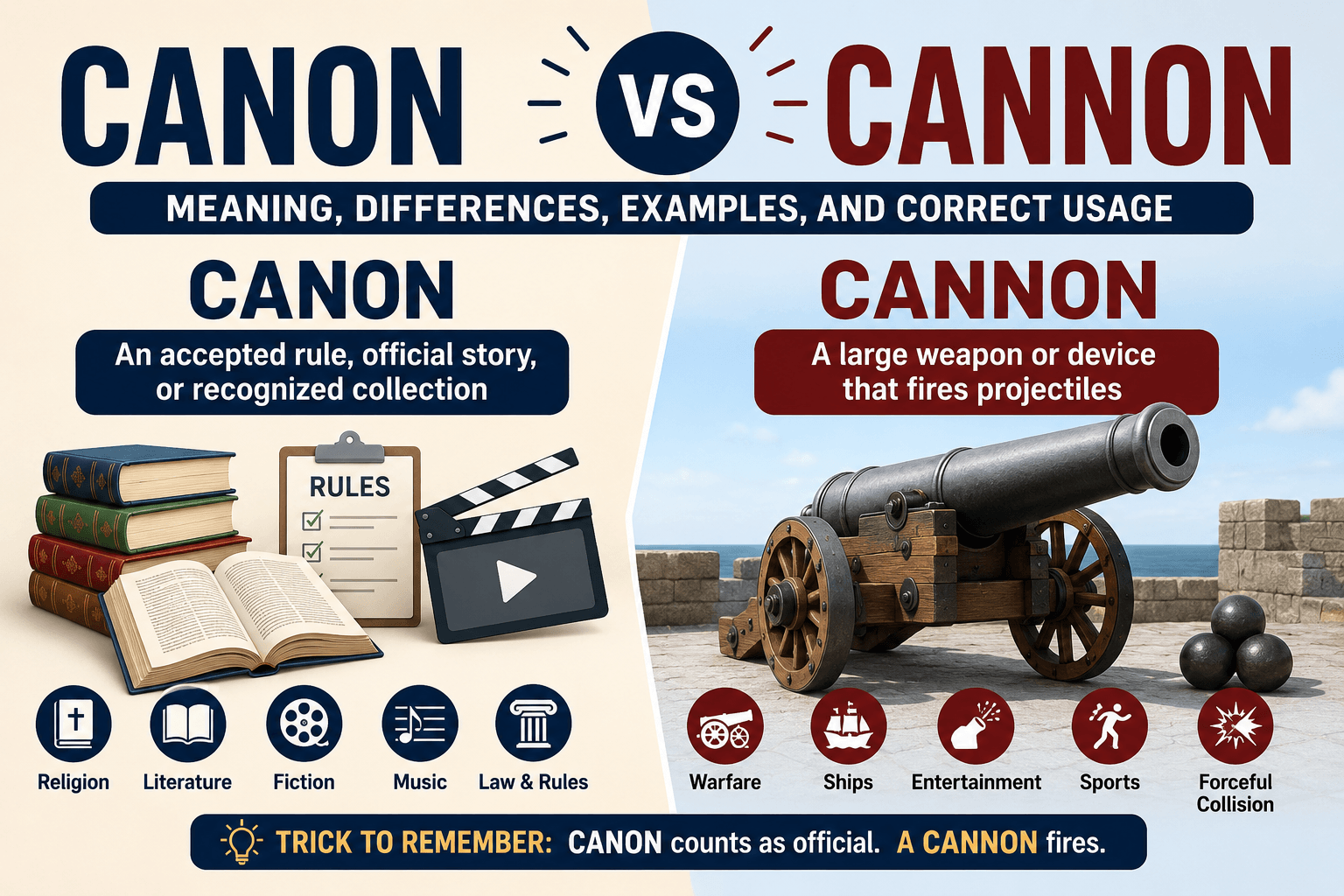 Canon vs Cannon: Meaning, Differences, Examples, and Correct Usage