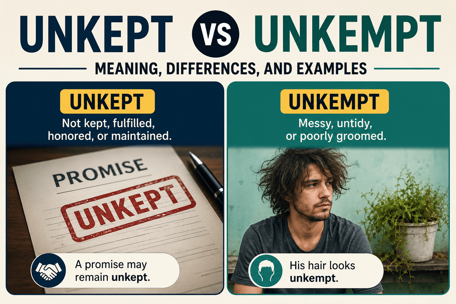 Unkept vs Unkempt: Meaning, Differences, and Examples
