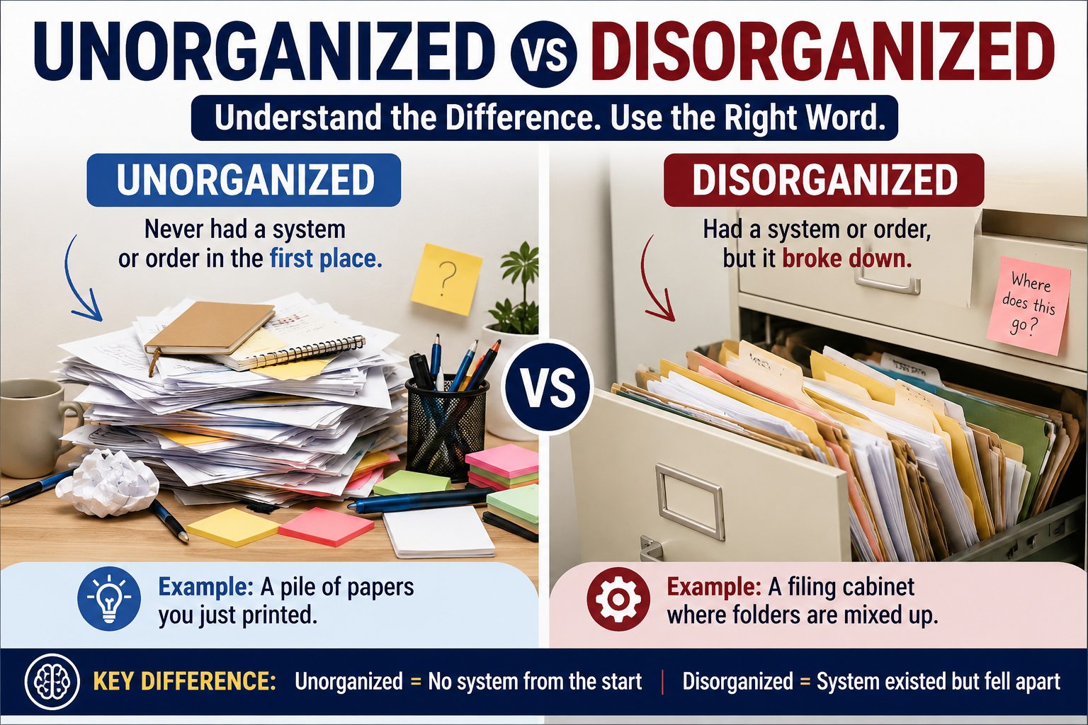 Unorganized vs Disorganized: Meaning, Differences, and Correct Usage